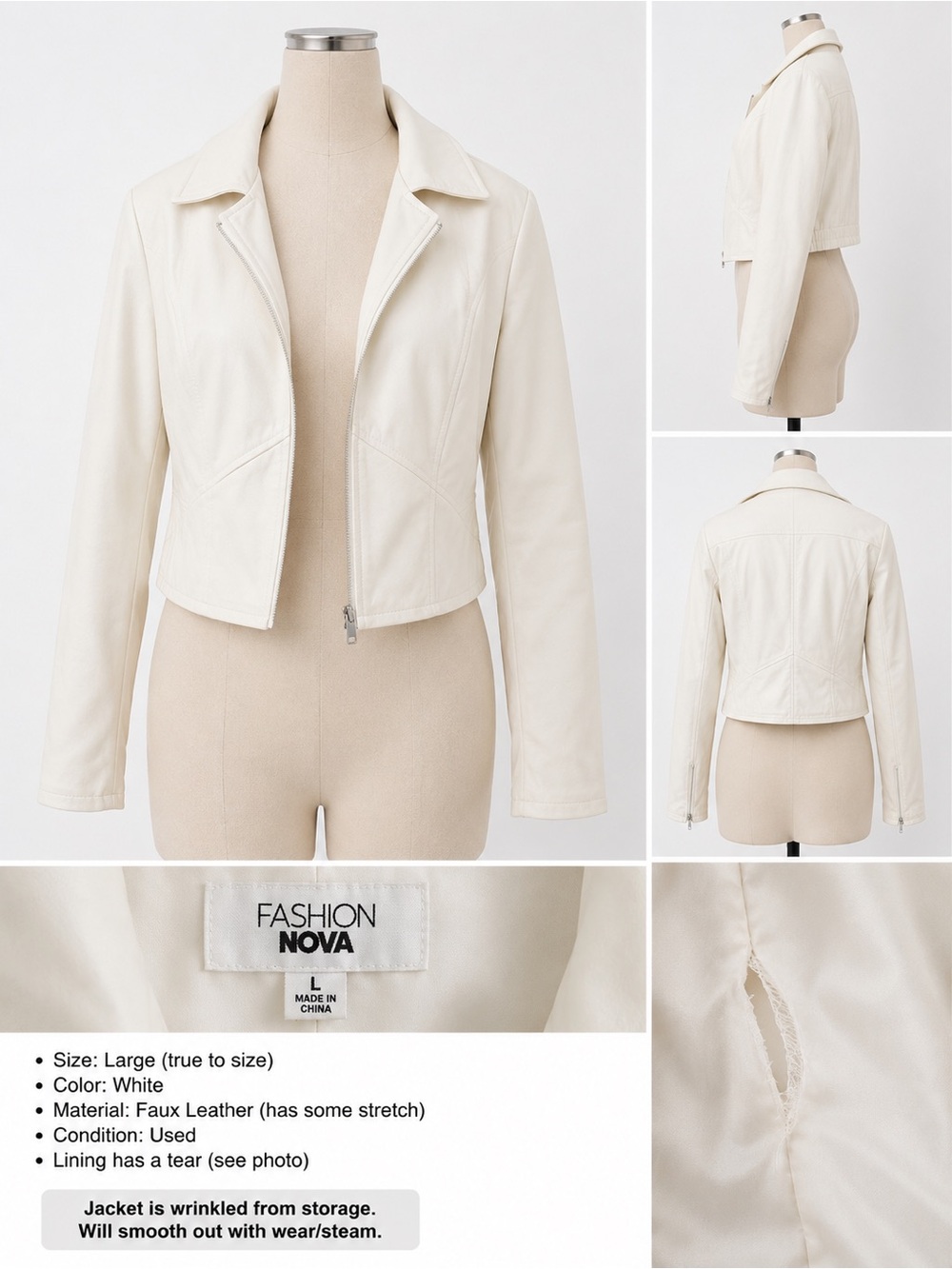 Fashion Nova Cream Faux Leather Cropped Moto Jacket